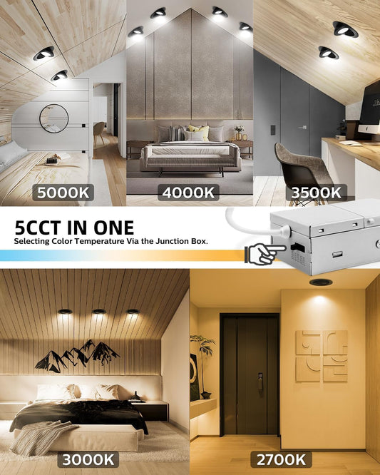 4 Inch 5CCT Gimbal Black Led Recessed Lights, 360°+90° Adjustable Directional Recessed Lighting, 2700K/3000K/3500K/4000K/5000K Dimmable Retrofit Eyeball Can Lights with Jbox, Etl(Black, 6 Pack)