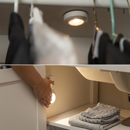 LED Puck Lights, Battery Operated, 50 Lumens 2 Pack, Tap Light, Stick on Lights, under Cabinet Lighting, Ideal for Kitchen Cabinets, Closets, Garage and More, White