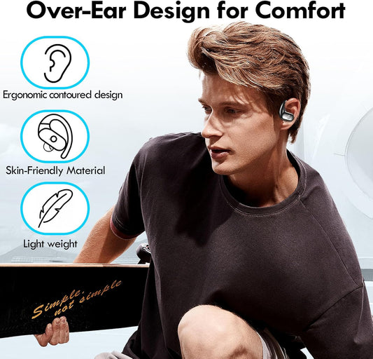 Wireless Earbuds Bluetooth Headphones Sport,Over Ear Buds with Deep Bass Sound,60Hrs Playtime Earphones Redesigned Comfort Fit with Earhooks for Running,Meeting,Workout-Black