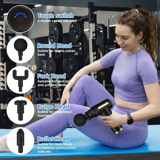 Portable Fascia Massage Gun Deep Tissue Mini Massager Body Muscle Relaxation with 4 Replaceable Massage Heads