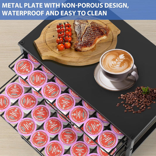 K Cup Holder Organizer for 70 Pods, 2-Tier Coffee Pod Holder for K-Cup with 2 Sliding Storage Drawers, Coffee Station Bar Organizer for Kitchen Countertop, Home & Office, Frosted Black