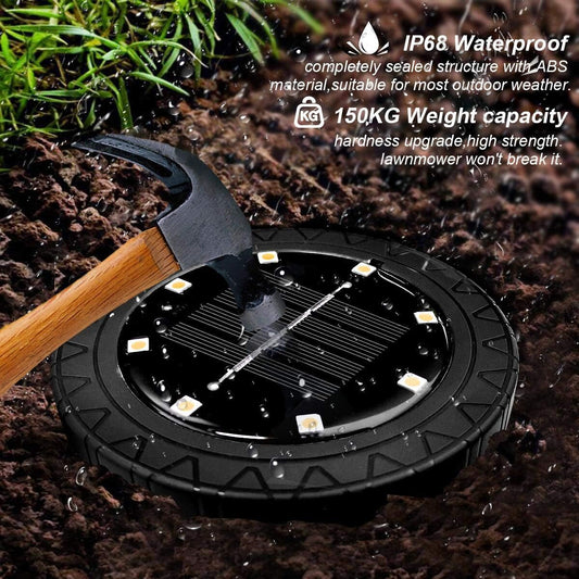 Solar Powered 8 Pack Outdoor LED Disk Lights - IP68 Waterproof, Non-Slip, Wear-Resistant Pathway Lights (Warm White)