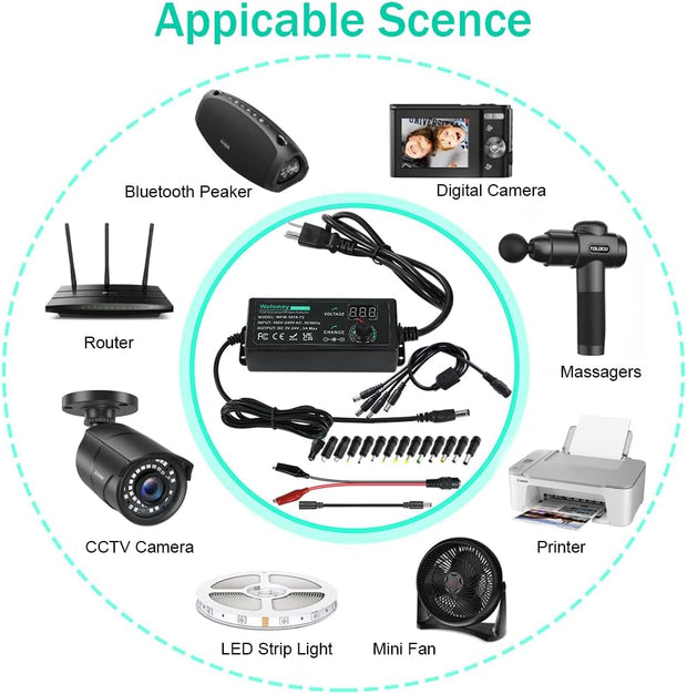 Universal Power Supply 3V~24V 3A 72W Adjustable Variable 3V 5V 9V 12V 18V 20V 24V AC/DC Adapter Charger, 100V-240V AC to DC Converter with 14 Tips, Polarity Converter and 4-Way Power Splitter Cable