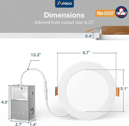 12 Pack 6 Inch 5CCT Ultra-Thin LED Recessed Ceiling Light with Junction Box, 1050LM Brightness, Dimmable Canless Wafer Downlight, 12W, ETL&FCC