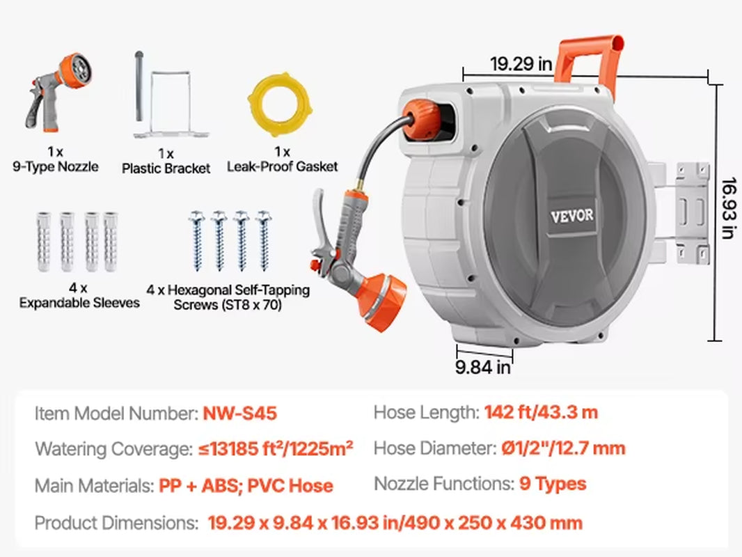 VEVOR Retractable Garden Hose Reel Wall Mounted Hose Reel Heavy Duty Garden Hose Reel with 9 Patterns Nozzle 180°Swivel Bracket