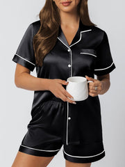 Silk Satin Pajama Set for Women 2 Piece Lounge Pjs Shorts Matching Summer Sleepwear Button down Shirt Shorts