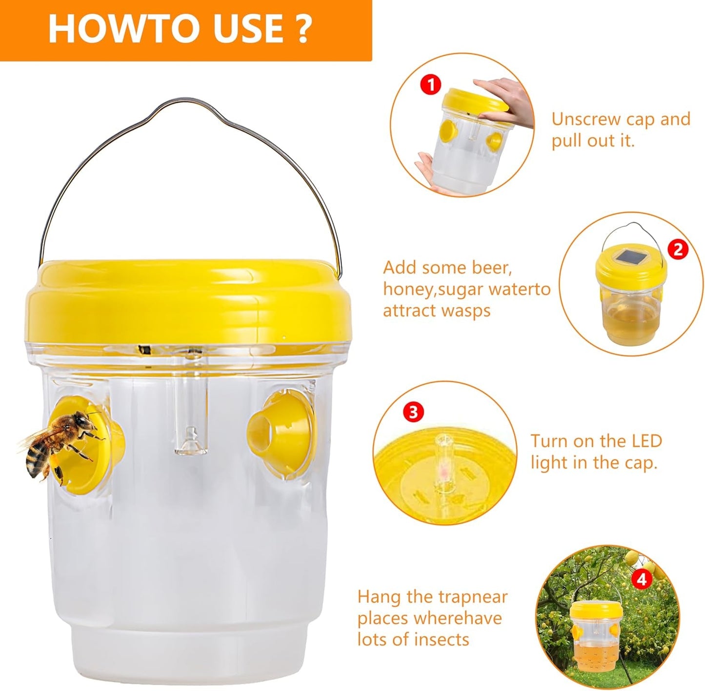 3 Pack Wasp Traps Outdoor Hanging, Solar Bee Trap for Outside, Hornet Traps, Bee Wasp Catcher outside Garden