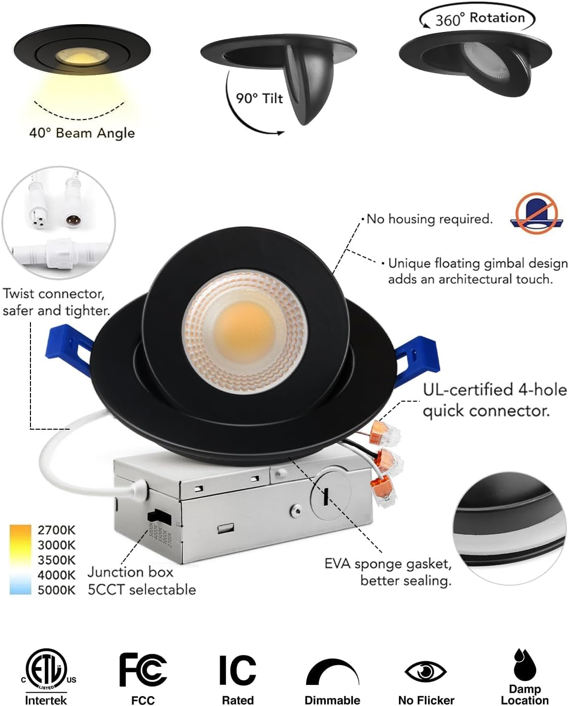 4 Inch 5CCT Gimbal Black Led Recessed Lights, 360°+90° Adjustable Directional Recessed Lighting, 2700K/3000K/3500K/4000K/5000K Dimmable Retrofit Eyeball Can Lights with Jbox, Etl（Black, 6 Pack）