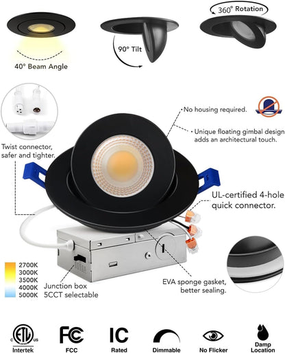 4 Inch 5CCT Gimbal Black Led Recessed Lights, 360°+90° Adjustable Directional Recessed Lighting, 2700K/3000K/3500K/4000K/5000K Dimmable Retrofit Eyeball Can Lights with Jbox, Etl（Black, 6 Pack）