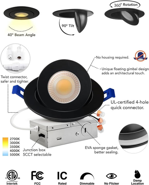 4 Inch 5CCT Gimbal Black Led Recessed Lights, 360°+90° Adjustable Directional Recessed Lighting, 2700K/3000K/3500K/4000K/5000K Dimmable Retrofit Eyeball Can Lights with Jbox, Etl（Black, 6 Pack）