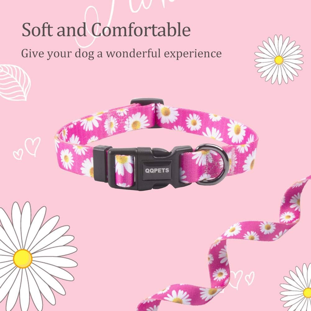 Adjustable Soft Dog Collar: Print Flower Pink Multicolor Cute Patterns for XS Small Medium Large Pet Girl Boy Puppy Walking Running Training (S, Small Daisies)