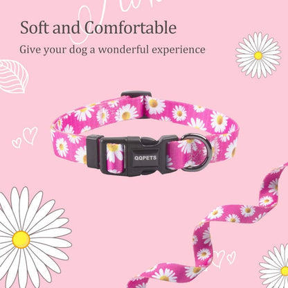 Adjustable Soft Dog Collar: Print Flower Pink Multicolor Cute Patterns for XS Small Medium Large Pet Girl Boy Puppy Walking Running Training (S, Small Daisies)
