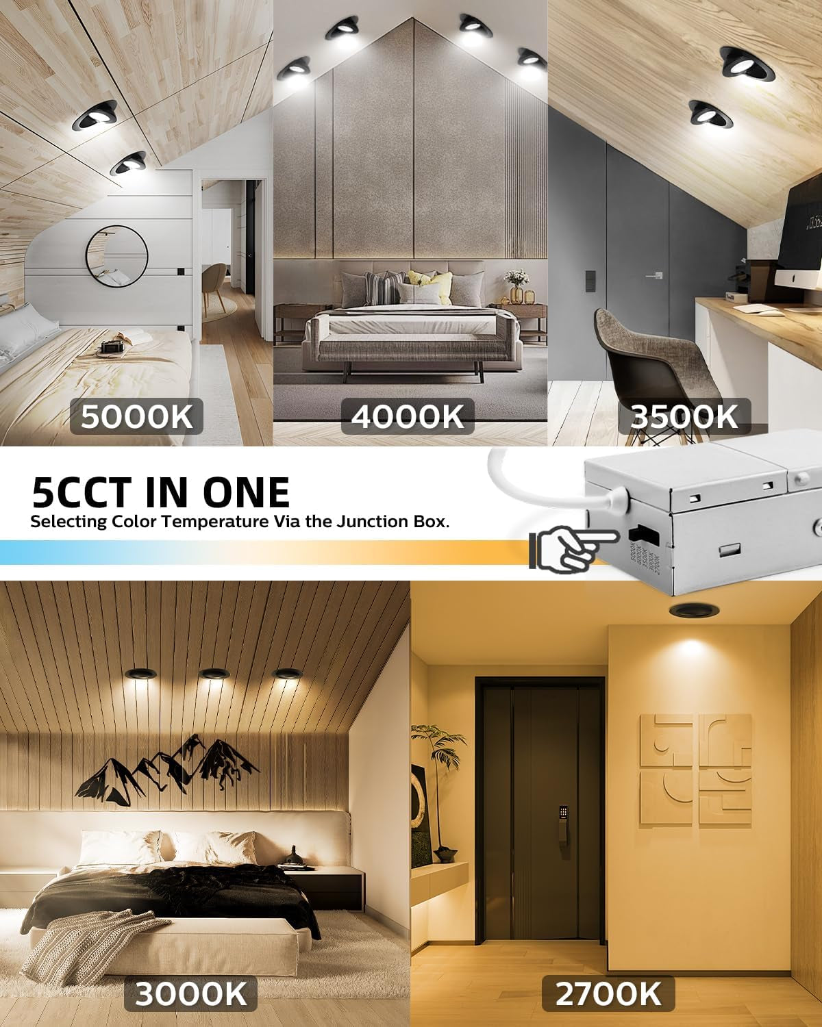 4 Inch 5CCT Gimbal Black Led Recessed Lights, 360°+90° Adjustable Directional Recessed Lighting, 2700K/3000K/3500K/4000K/5000K Dimmable Retrofit Eyeball Can Lights with Jbox, Etl（Black, 6 Pack）