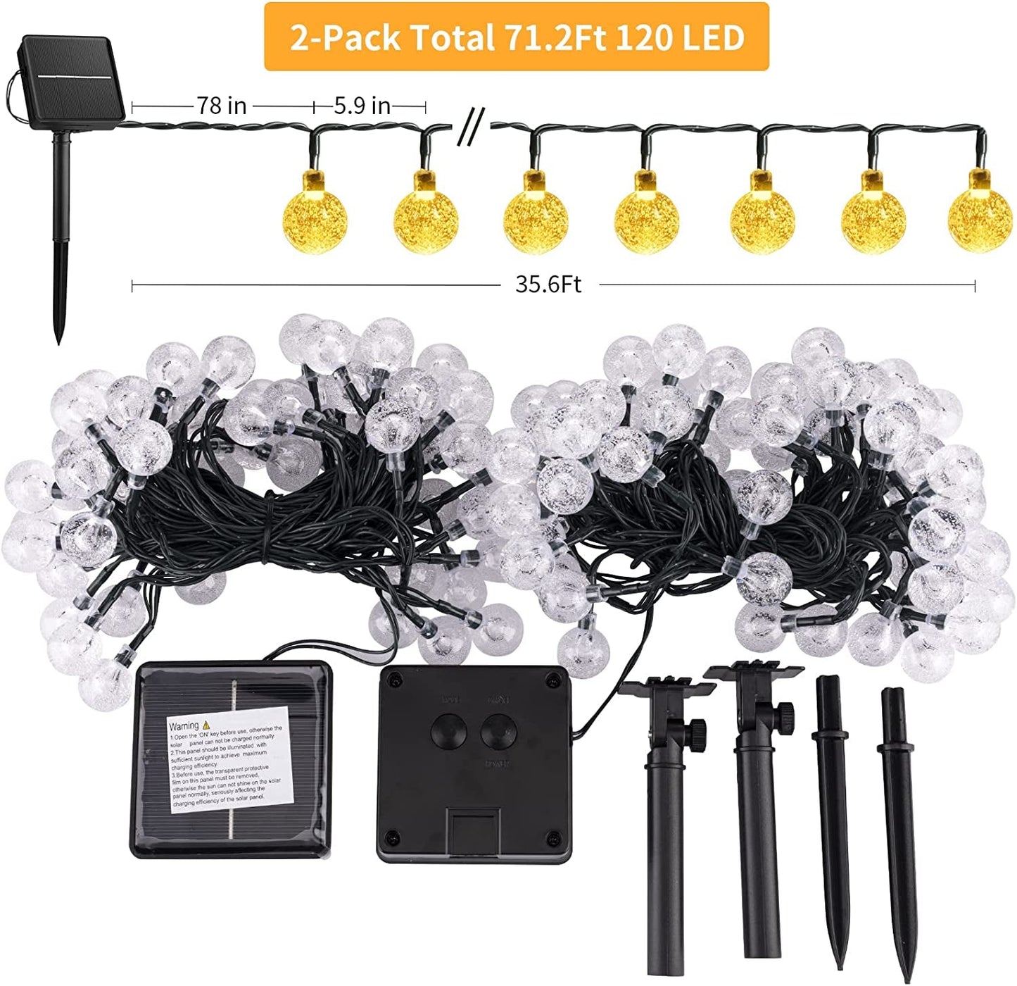 Solar String Lights Outdoor Waterproof, 2 Pack 60 LED 36.5 FT Each, Crystal Globe Lights with 8 Lighting Modes, Solar Powered Patio Lights for Garden Yard Porch Wedding Party Decor (Warm White)