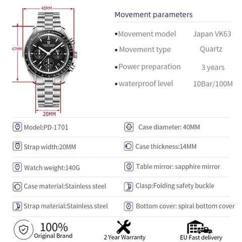 2024 New V5 PD1701 Men'S Watches Luxury Quartz Watch Men Sport Speed Chronograph AR Sapphire Glass 100M Waterproof