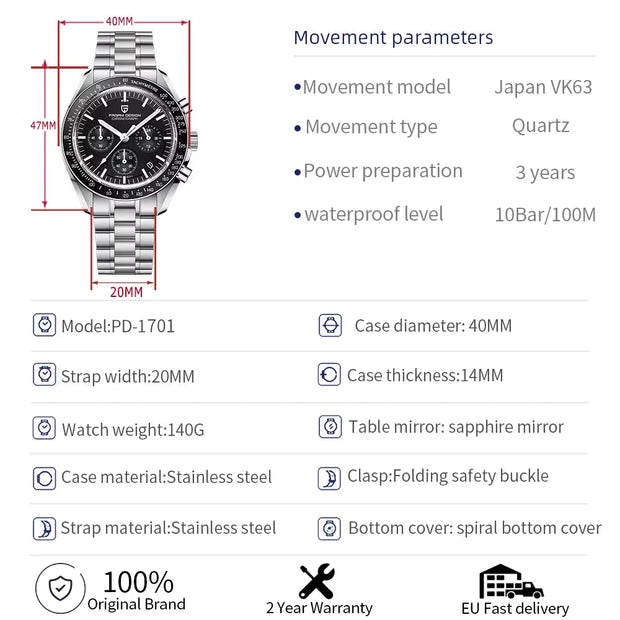 2024 New V5 PD1701 Men'S Watches Luxury Quartz Watch Men Sport Speed Chronograph AR Sapphire Glass 100M Waterproof
