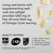 Triple Strength Omega 3 Fish Oil - Burpless Fish Oil Supplement W/Epa & DHA Fatty Acids from Single-Source Wild Alaskan Pollock - 1250 Mg, 180 Ct