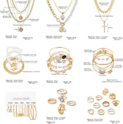 Gold Plated Jewelry Set for Women with Multi Layered Necklaces, Stackable Bracelets, Knuckle Rings, Hoop Earrings Sets, Fashion Outfit Accessories Jewelry Packs, Gifts for Women