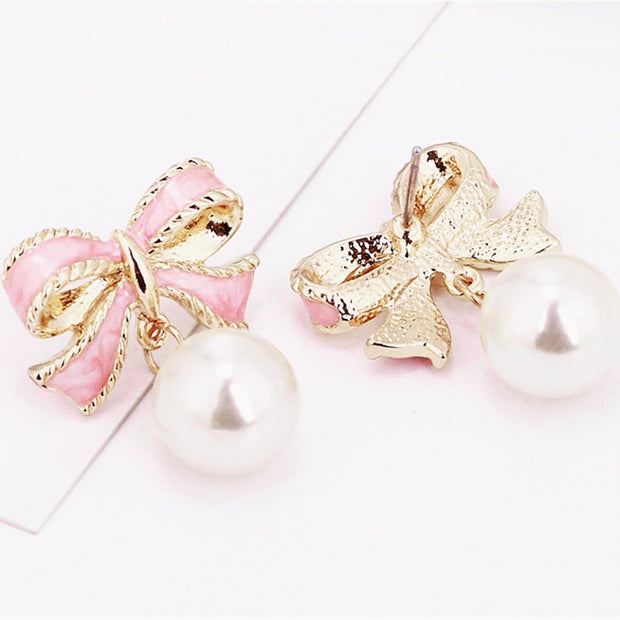 Gold Pearl Bow Earrings for Women Trendy Pink Coquette Drop Stud Ribbon Silver Earrings Dangle Jewelry - Unique Gifts for Wife Preppy Cute Teen Accessories 2025