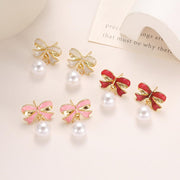 Gold Pearl Bow Earrings for Women Trendy Pink Coquette Drop Stud Ribbon Silver Earrings Dangle Jewelry - Unique Gifts for Wife Preppy Cute Teen Accessories 2025