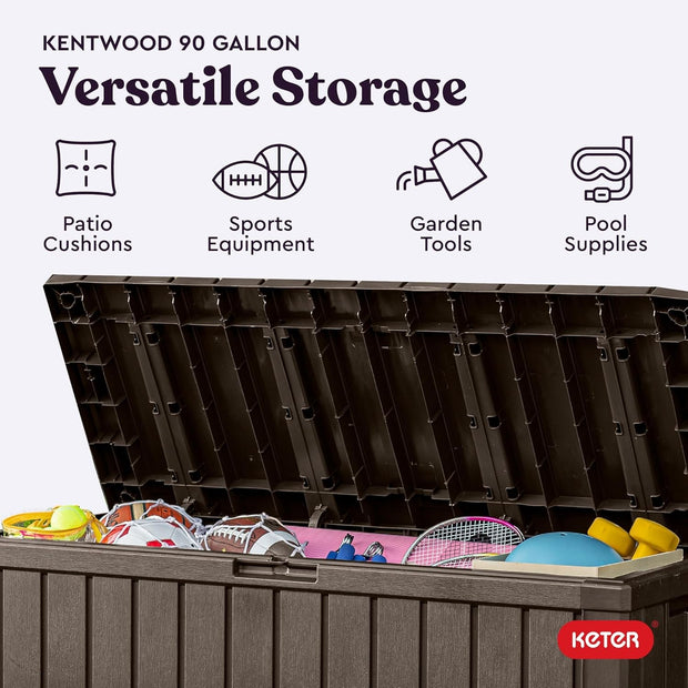Kentwood 92 Gallon Resin Deck Box-Organization and Storage for Patio Storage Box Outdoor Cushions, Throw Pillows, Garden Tools and Pool Floats, Brown