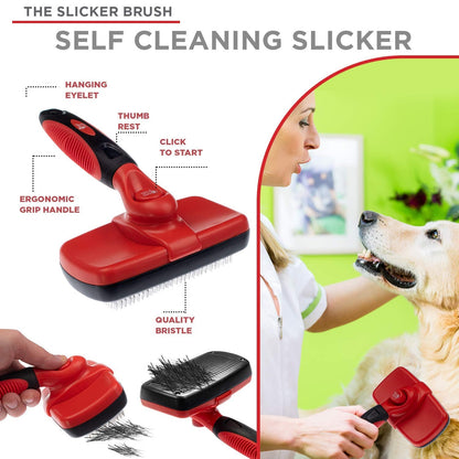 Complete Professional Pet Grooming Kit Self Cleaning Slicker Brush for Dogs & Cats - Pro Grooming Brushes Effectively Reduces Shedding Fur Hair Remover Brush Gloves - Combo Gift Set