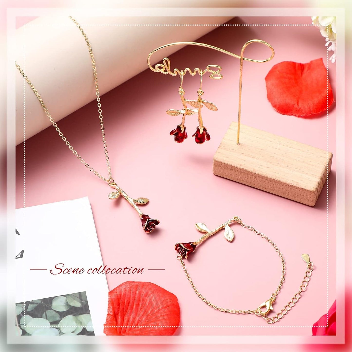 18K Gold Plated Jewelry Set Rose Necklace Bracelet Earrings Red Rose Flower Pendant for Christmas Gift Women