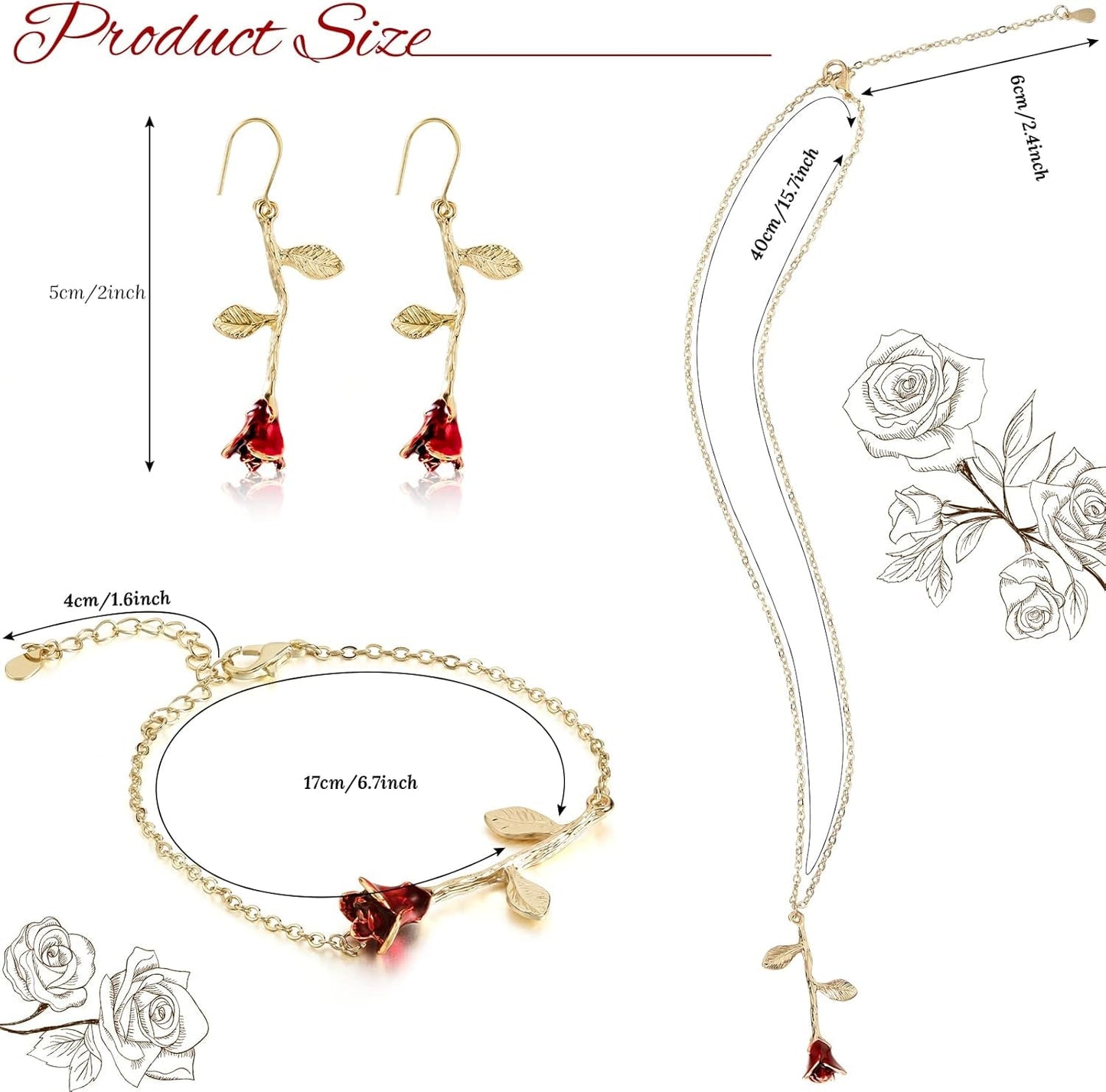 18K Gold Plated Jewelry Set Rose Necklace Bracelet Earrings Red Rose Flower Pendant for Christmas Gift Women