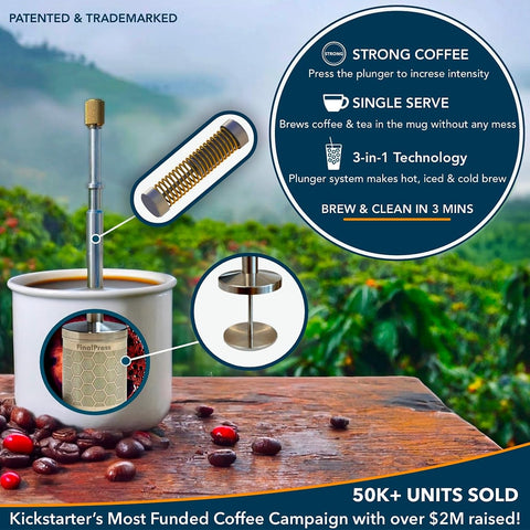 Original Coffee & Tea Maker – Portable Stainless Steel Micro French Press – Patented 3-In-1 Technology for Hot, Iced & Cold Brew – Perfect for Home, Camping & Travel (UPGRADED V2)