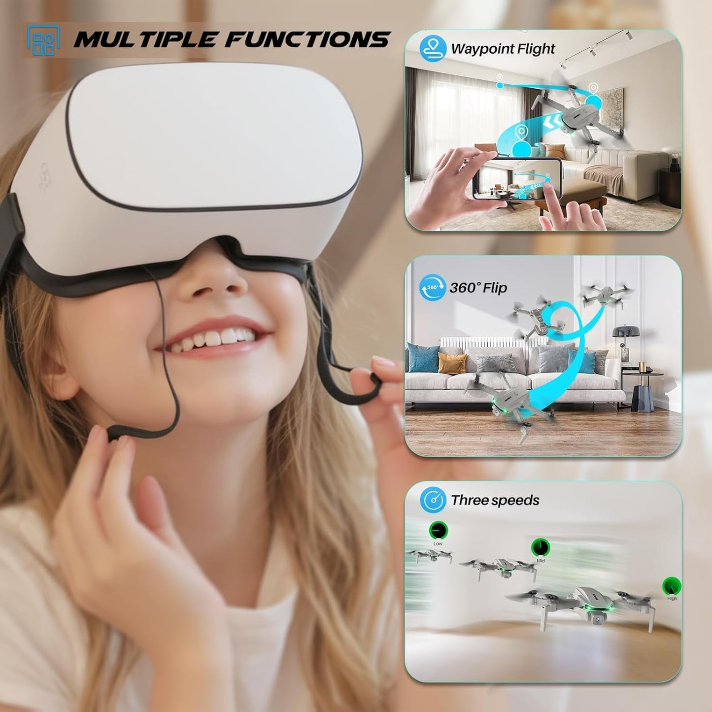 Drone with Camera 1080P for Kids and Adults, RC Quadcopter with Altitude Hold, Mini Drone with One Key Start, Waypoint Fly, Headless Mode, 3D Flip, 3 Speeds, Remote Control Drone for Beginners