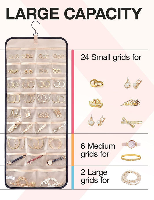 Hanging Jewelry Organizer Storage Roll with Hanger Metal Hooks Double-Sided Jewelry Holder for Earrings, Necklaces, Rings on Closet, Wall, Door, 1 Piece, Large, Black