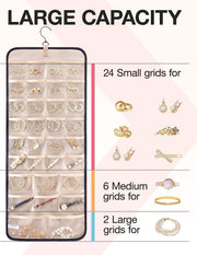 Hanging Jewelry Organizer Storage Roll with Hanger Metal Hooks Double-Sided Jewelry Holder for Earrings, Necklaces, Rings on Closet, Wall, Door, 1 Piece, Large, Black