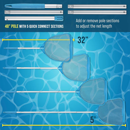 Pool and Spa Skimmer Net with Pole, Handheld Fine Mesh Pool Skimmer Net - Hand Held Spa, Hot Tub, Pond Cleaning - Step-Up 32" to 5 Feet Long, Leaf Netting, Scoop Skim Leaves & Debris