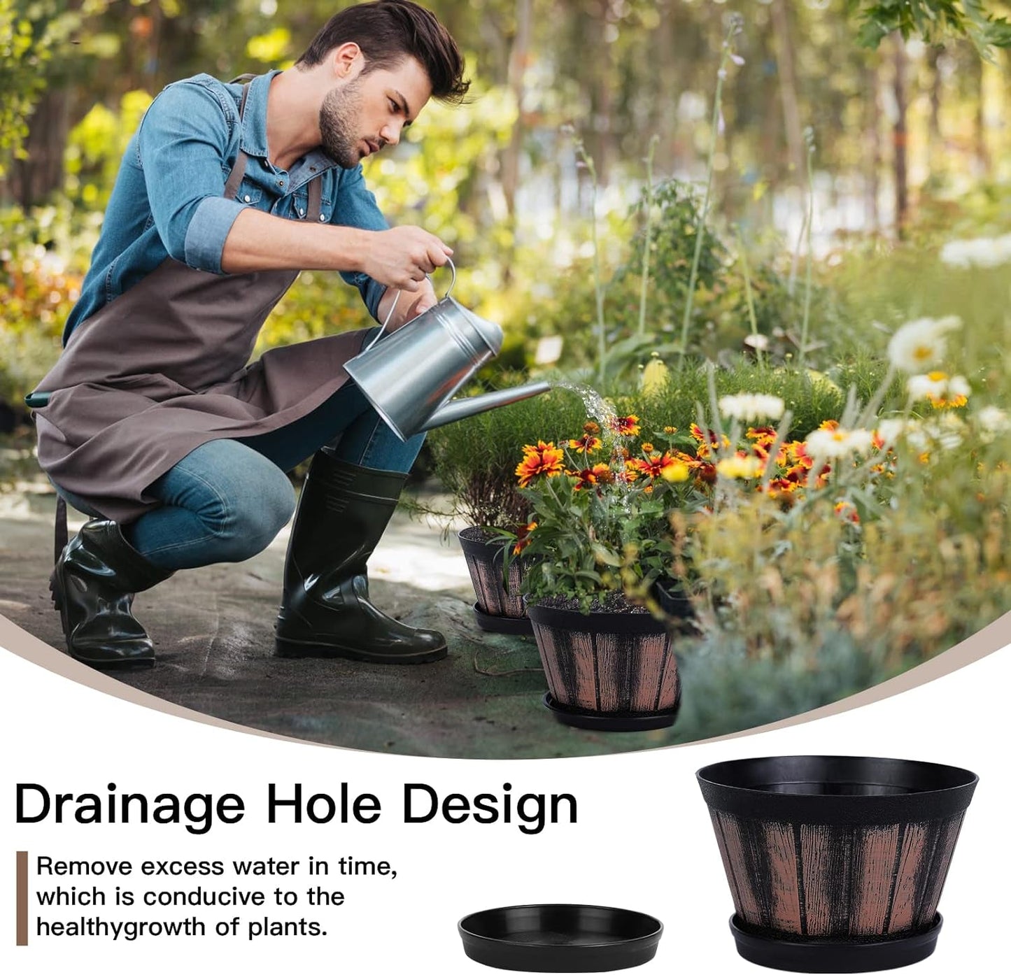6 Inch Brown Barrel Planters with Drainage Holes & Saucer, Set of 4, Indoor & Outdoor Garden Home Plants