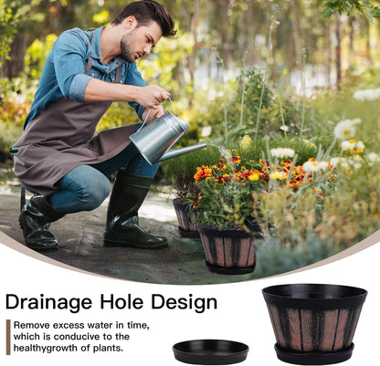 6 Inch Brown Barrel Planters with Drainage Holes & Saucer, Set of 4, Indoor & Outdoor Garden Home Plants