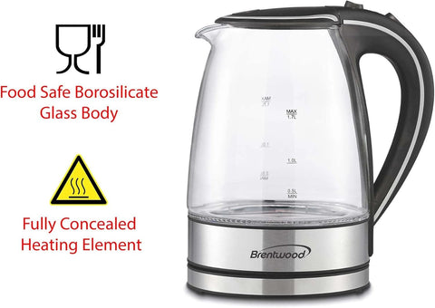 Brentwood KT-1900BK Tempered Glass Electric Kettle, 1.7 Liter Consumer Electronics Electronics