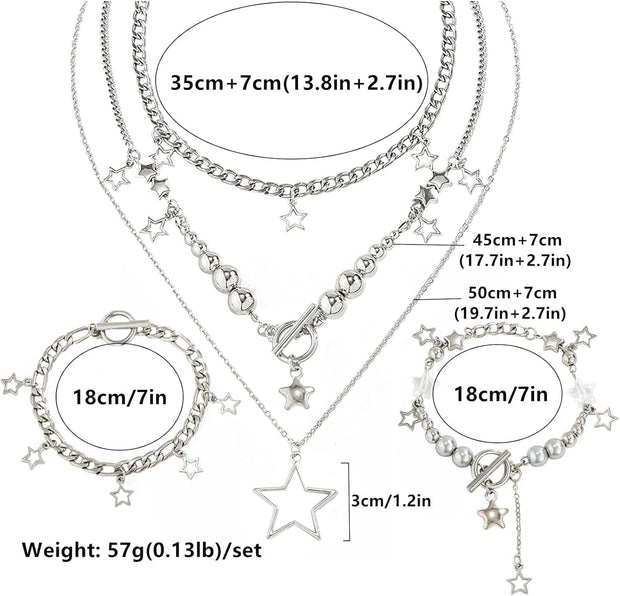 2 Pieces Silver Star Necklace Y2K Jewelry Set Grunge Necklace Kawaii Cute Necklaces Aesthetic Vintage Emo Jewelry