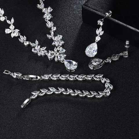 Jewelry Set for Women, Necklace Dangle Earrings Bracelet Set with White AAA Cubic Zirconia, Allergy Free Wedding Party Jewelry for Bridal Bridesmaid