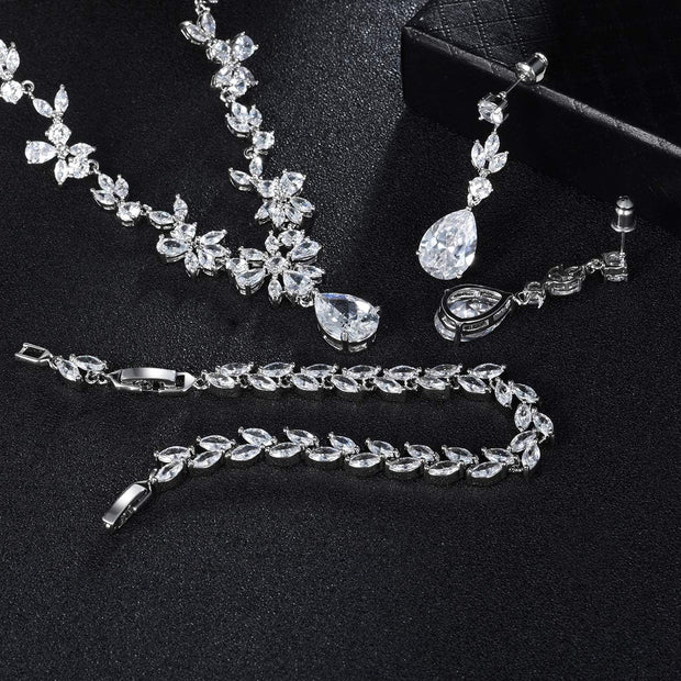 Jewelry Set for Women, Necklace Dangle Earrings Bracelet Set with White AAA Cubic Zirconia, Allergy Free Wedding Party Jewelry for Bridal Bridesmaid