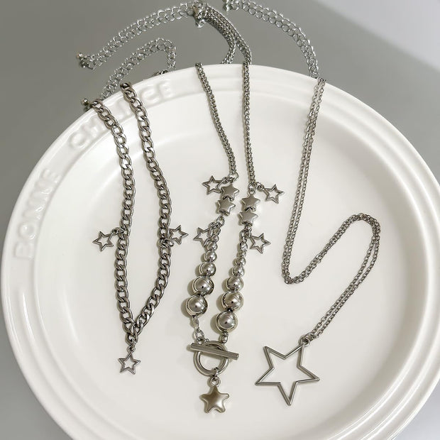 2 Pieces Silver Star Necklace Y2K Jewelry Set Grunge Necklace Kawaii Cute Necklaces Aesthetic Vintage Emo Jewelry