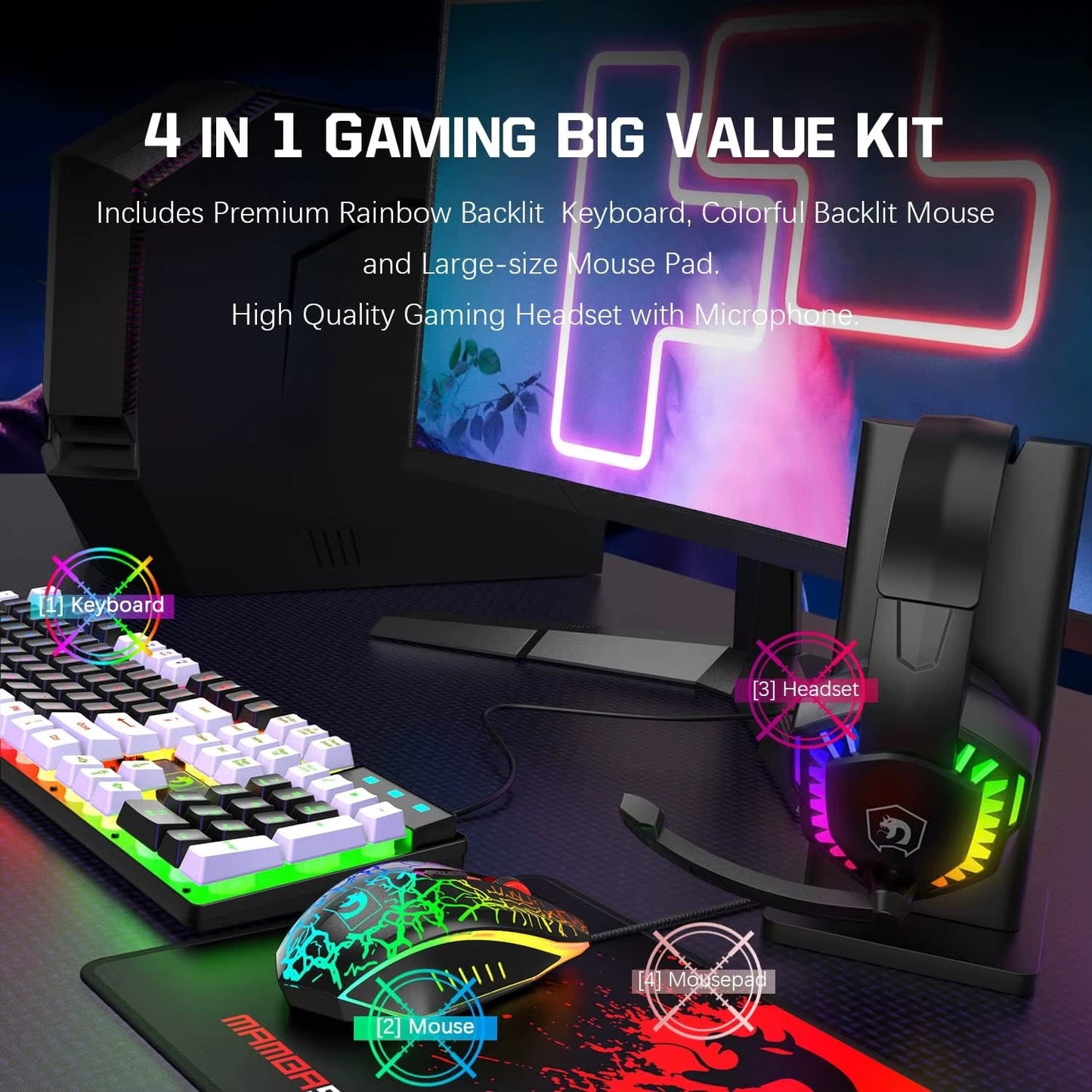 MANBASNAKE T11 Wired Gaming Keyboard and Mouse Headset Combo,Rainbow LED Backlit Wired Keyboard