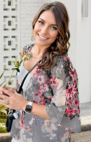 Women'S Floral Print Puff Sleeve Kimono Cardigan Loose Cover up Casual Blouse Tops