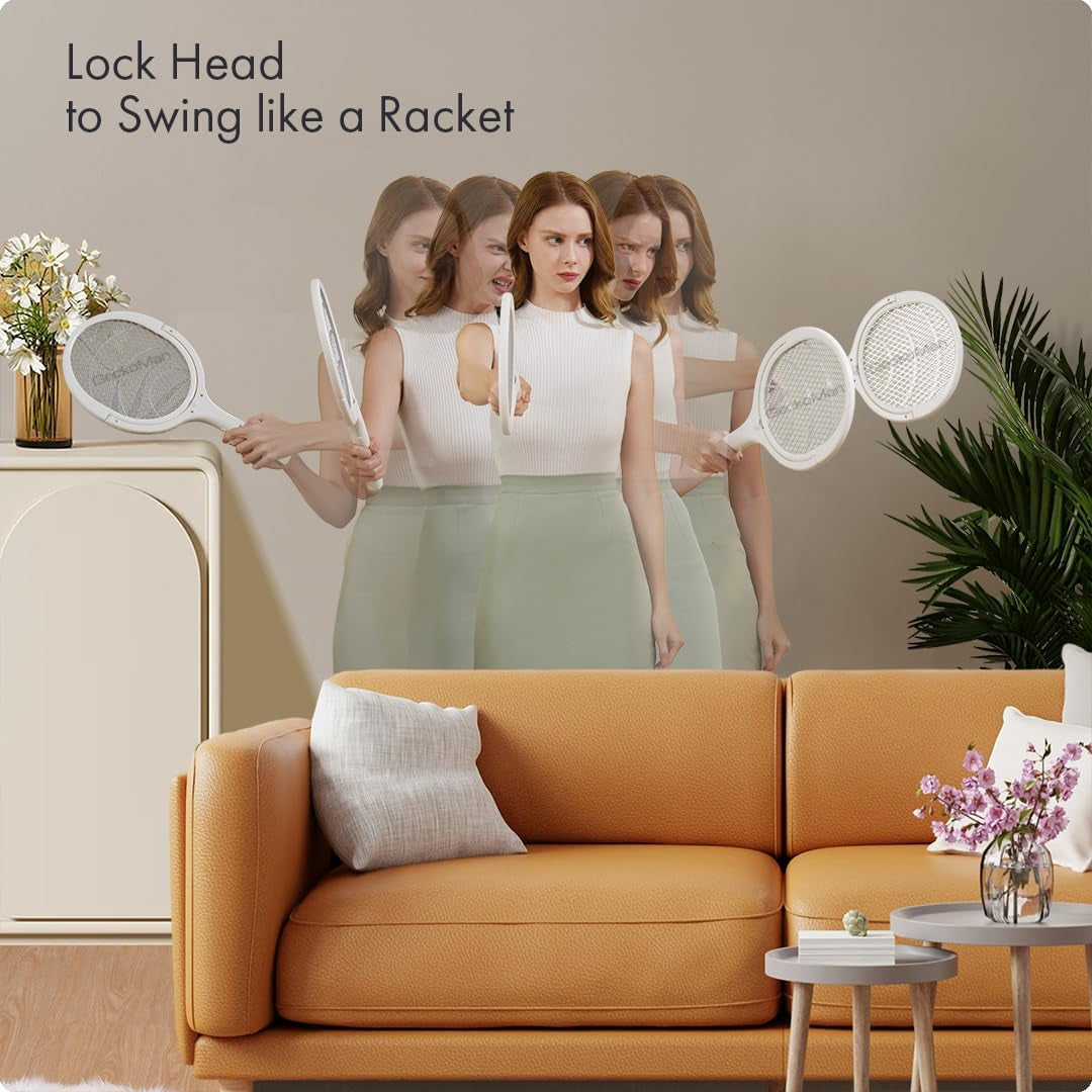 Rotating Head Electric Fly Swatter Racket Rechargeable Bug Zapper Racket Bug Zapper Indoor Fly Zapper Mosquito Zapper Flies Killer for Indoors, with a Telescopic Extension