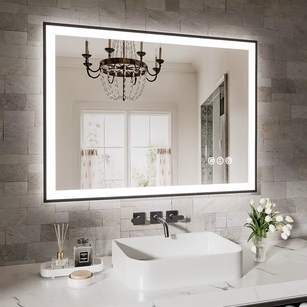 Smart Anti-Fog LED Bath Mirror with Backlight + Front Light, 3-Color and Brightness Adjustable, Memory, Wall Switche