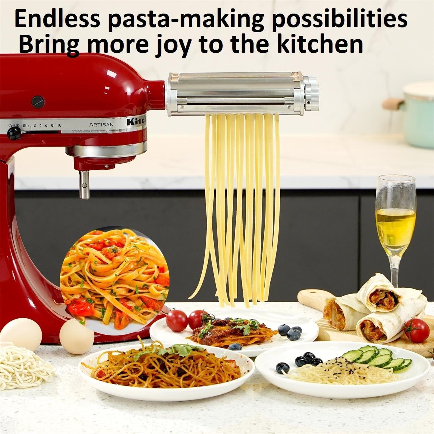 Pasta Maker Attachment 3 in 1 Set for Kitchenaid Mixers plus Hub Knob Screw Accessory Included Dough Sheet Roller, Spaghetti & Fettuccine Cutters and Cleaning Brush