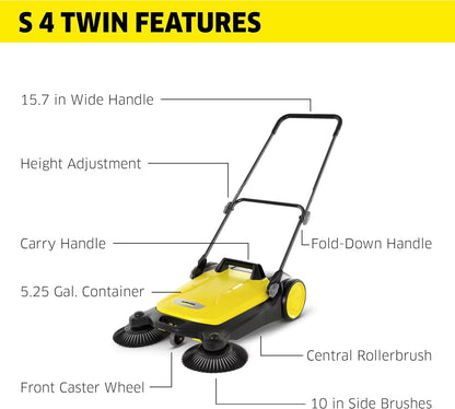 S 4 Twin Walk-Behind Outdoor Hand Push Sweeper - 5.25 Gallon Capacity - 26.8" Sweeping Width - Sweeps up to 26,000 Ft²/Hour,Yell