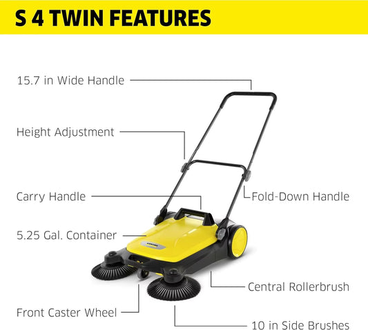S 4 Twin Walk-Behind Outdoor Hand Push Sweeper - 5.25 Gallon Capacity - 26.8" Sweeping Width - Sweeps up to 26,000 Ft²/Hour,Yell