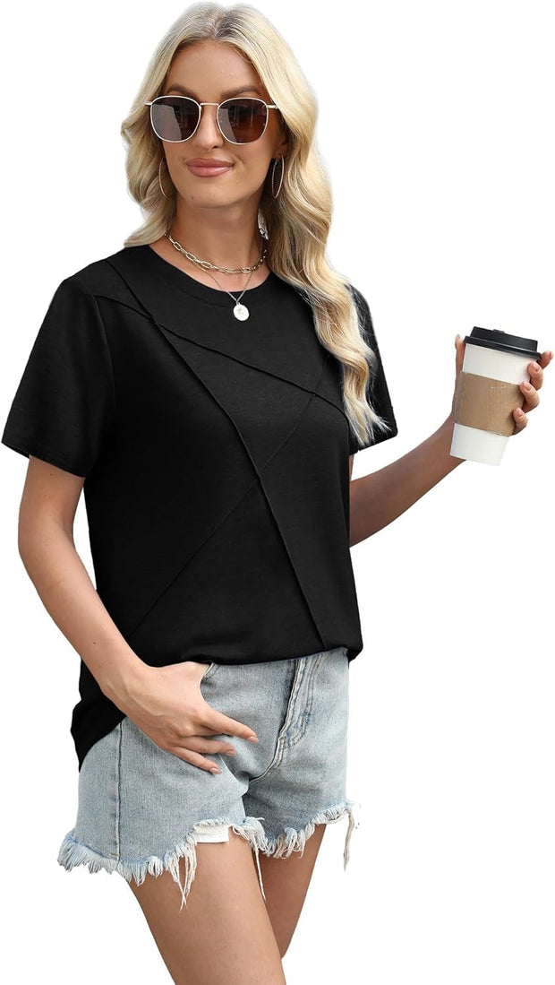 Womens Summer Tops 2025 Pleated round Neck Short Sleeve Shirts Business Casual
