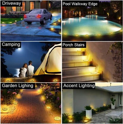 Solar Powered 8 Pack Outdoor LED Disk Lights - IP68 Waterproof, Non-Slip, Wear-Resistant Pathway Lights (Warm White)