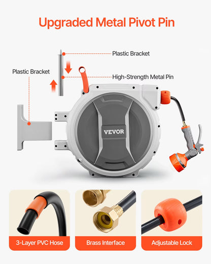 VEVOR Retractable Garden Hose Reel Wall Mounted Hose Reel Heavy Duty Garden Hose Reel with 9 Patterns Nozzle 180°Swivel Bracket